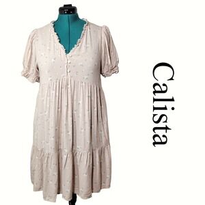 Calista Floral Babydoll Mini Dress Pink Short Puff Sleeve Ruffle V-Neck M